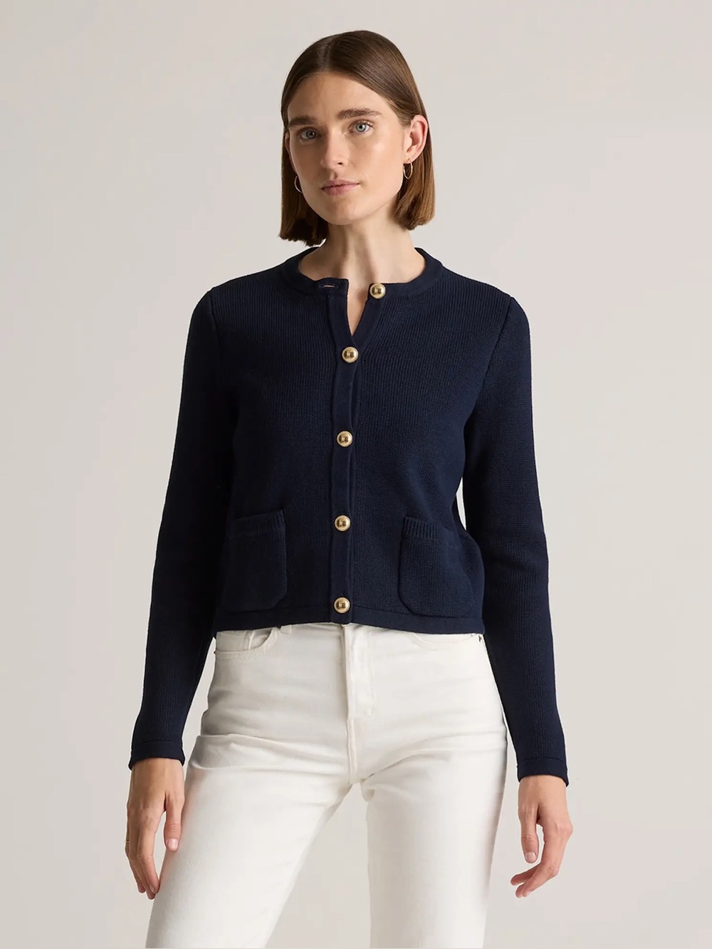 Quince Organic Cotton Sweater Jacket Navy Gold Button Cardigan Women's M NWT - Picture 1 of 11